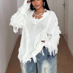 Plus Size Women's Sweater White, V-Neck Tattered-2X NEW
